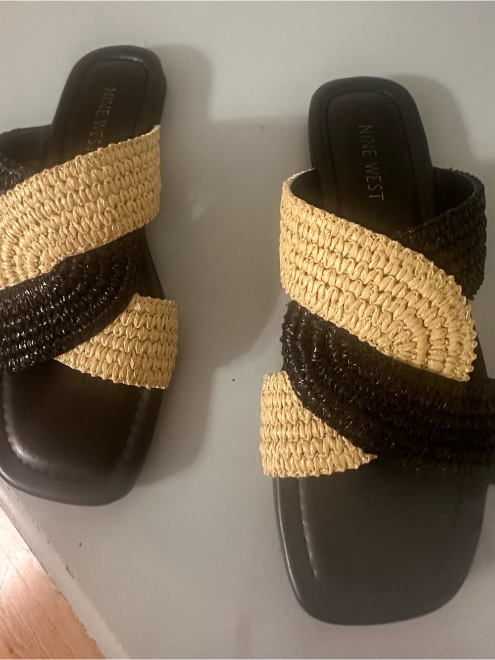 Nine West Black and Natural Braided Slide Sandals with Crisscross Straps